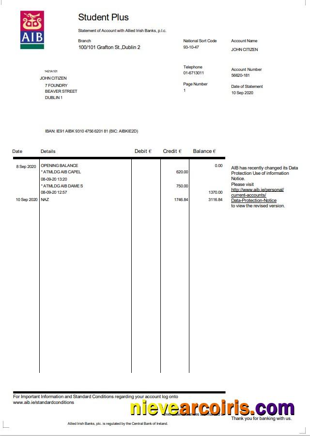 Ireland AIB bank statement